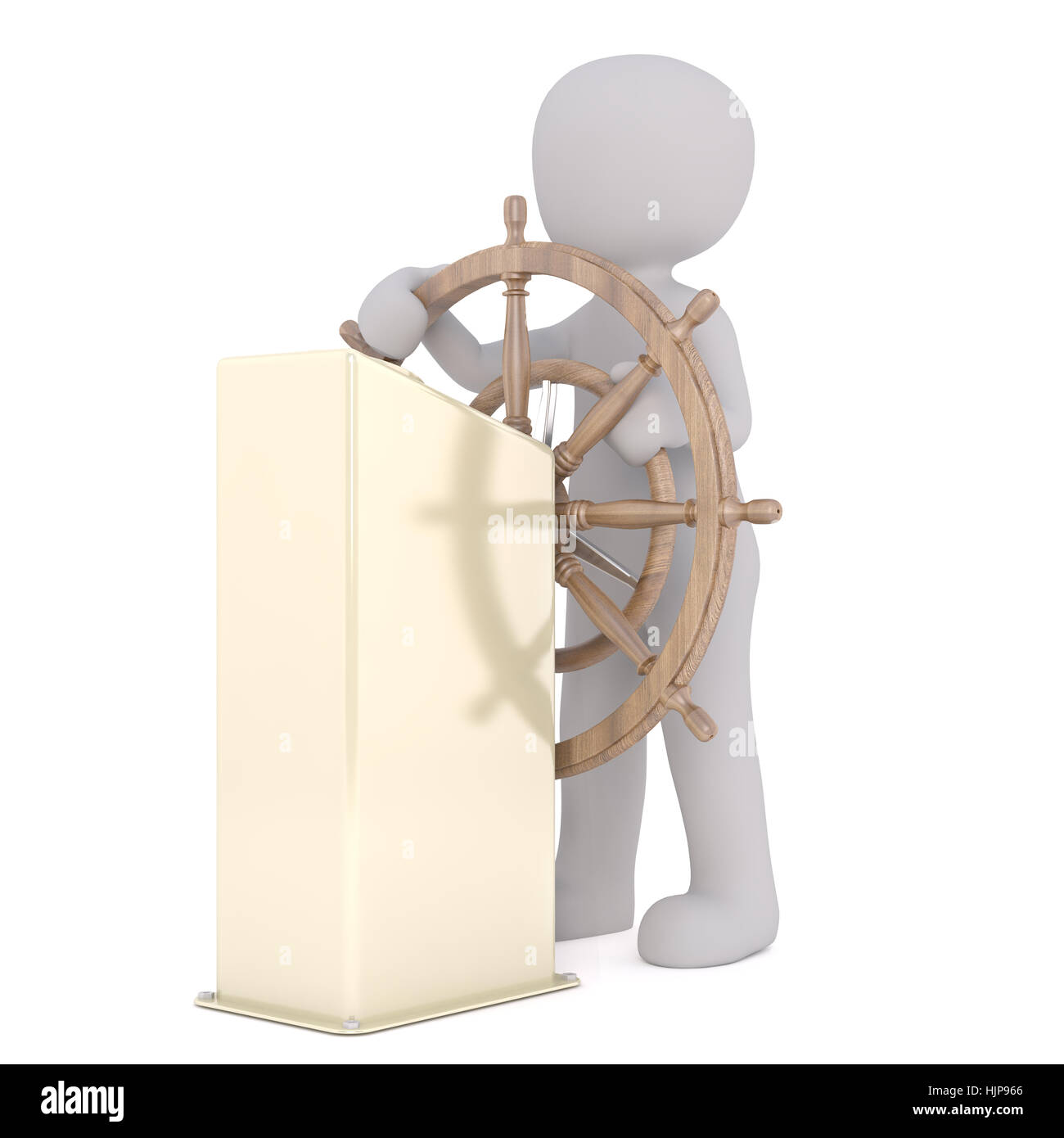Grigio generico 3D fumetto figura in piedi dietro la grande Nave Volante colonna nella parte anteriore del fondo bianco Foto Stock