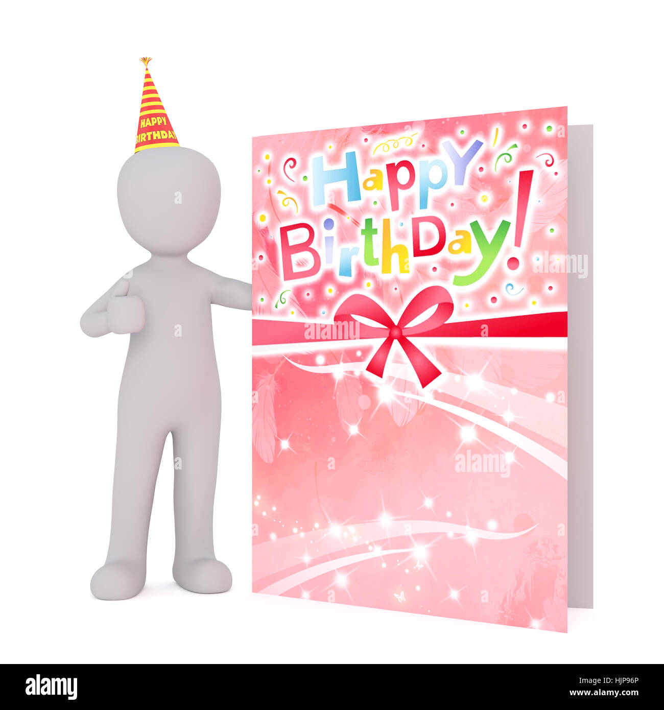 Grigio generico 3D fumetto figura indossa Cappellino e in piedi accanto a grandi sovradimensionare biglietto di auguri di compleanno di fronte a uno sfondo bianco Foto Stock