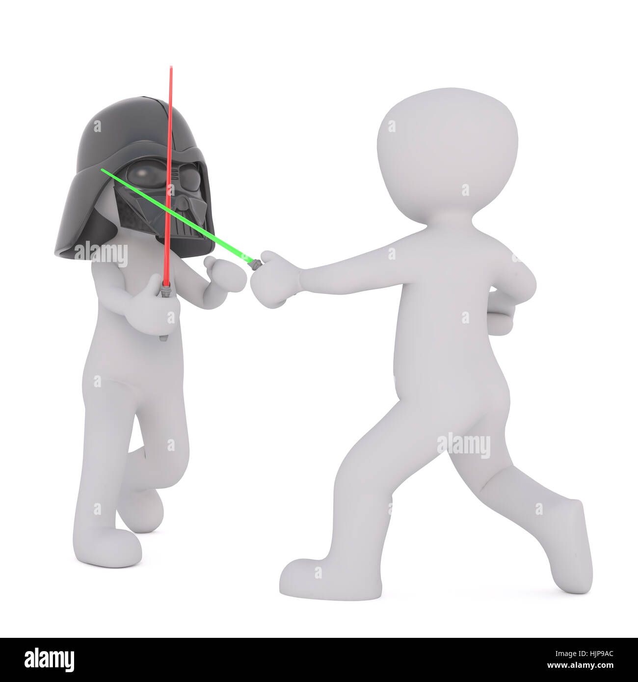 Due 3d toons, uno in Darth Vader maschera, combattendo con luce sciabole su sfondo bianco Foto Stock
