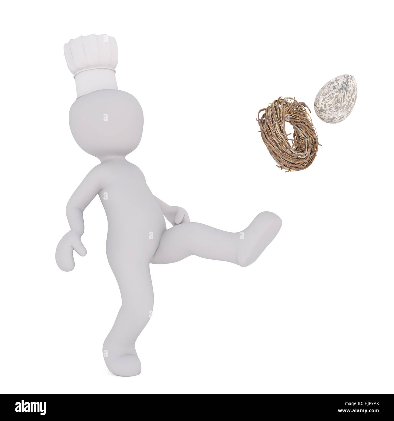 La figura del volto 3D uomo carattere chef calci nido con uova, in piedi isolato su sfondo bianco Foto Stock