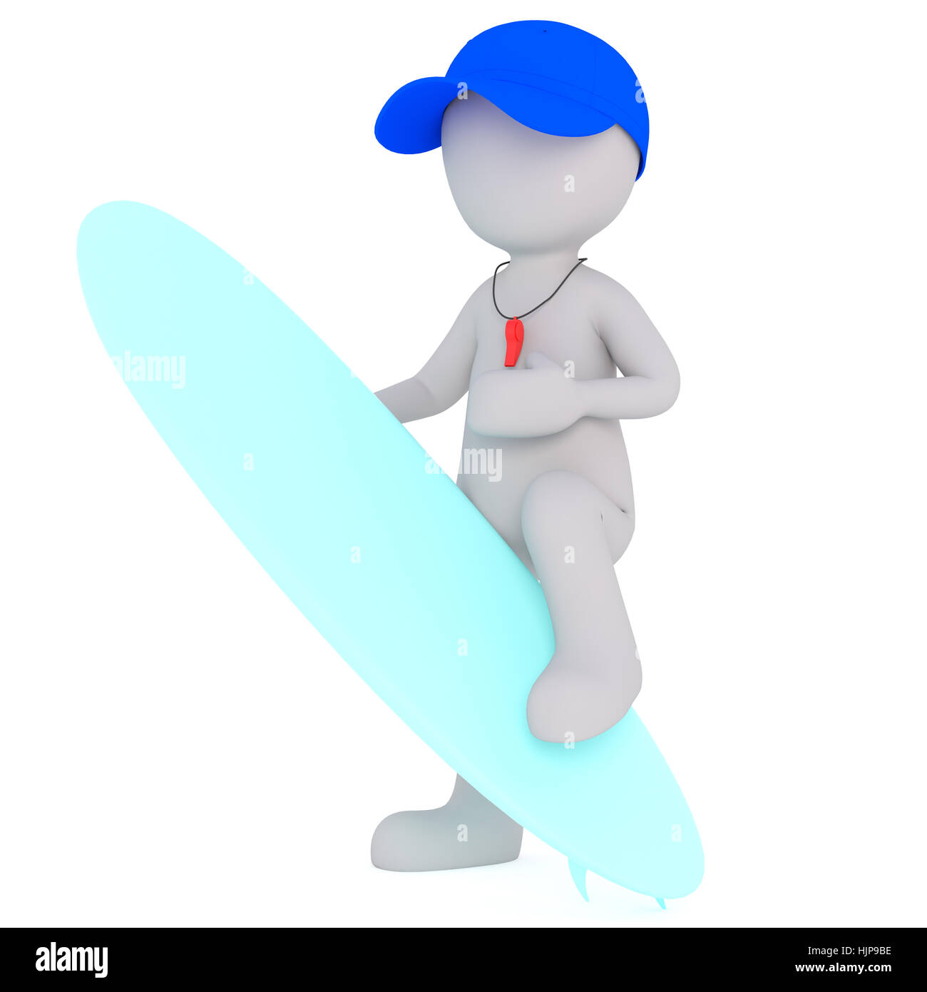 La figura 3D uomo surf in pullman o in spiaggia bagnino di tappo blu con tavola da surf e fischiare, isolato su sfondo bianco Foto Stock