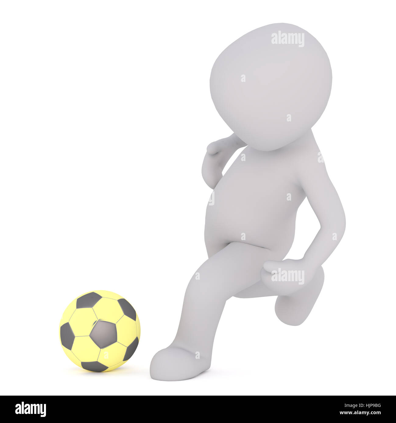 Volto 3D uomo giocatore di football oscillare il piede per calciare il calcio giallo, isolato su sfondo bianco Foto Stock
