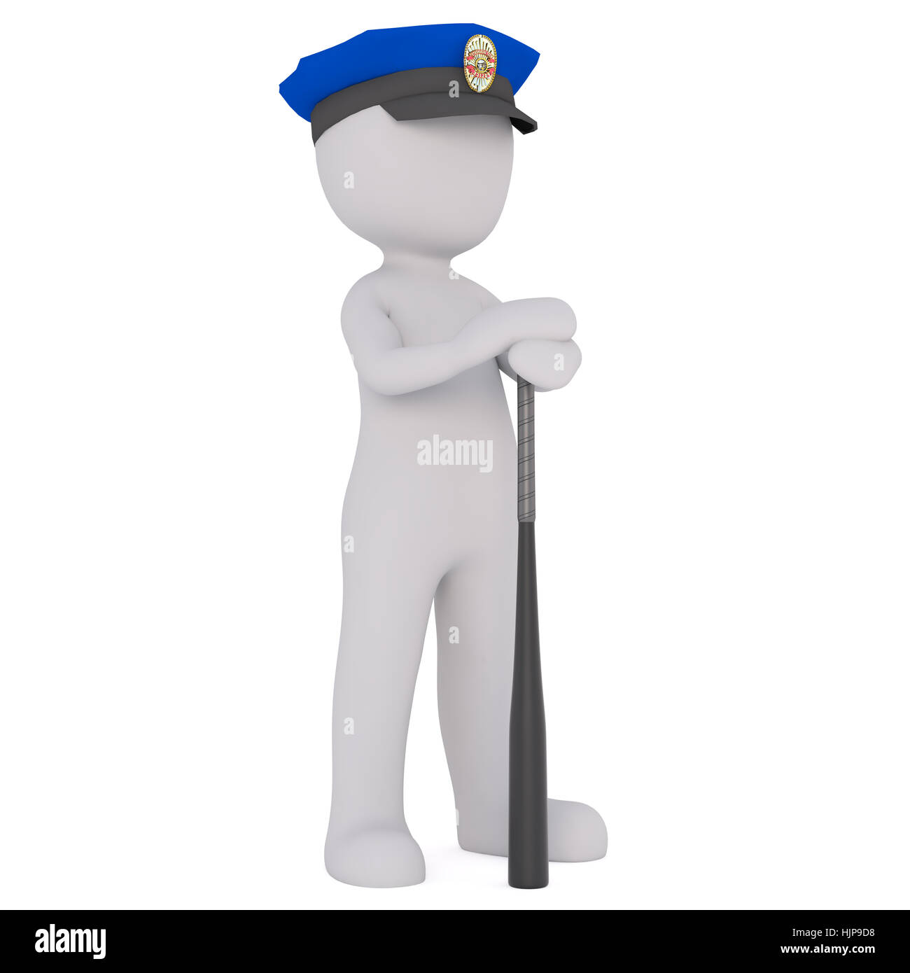 3d toon poliziotto nel cappuccio con lunghi baton, sfondo bianco Foto Stock