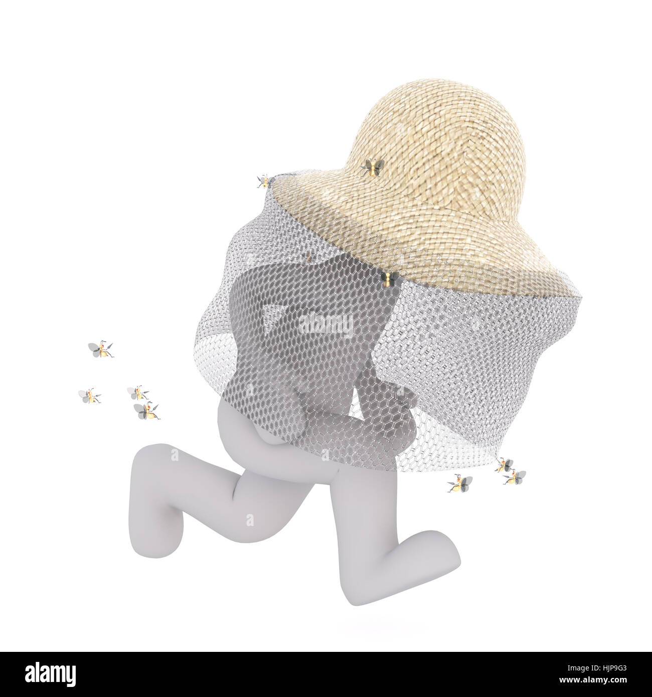 Cartoon uomo che indossa apicoltore hat scappando circondato dalle api, 3D render isolati su sfondo bianco Foto Stock