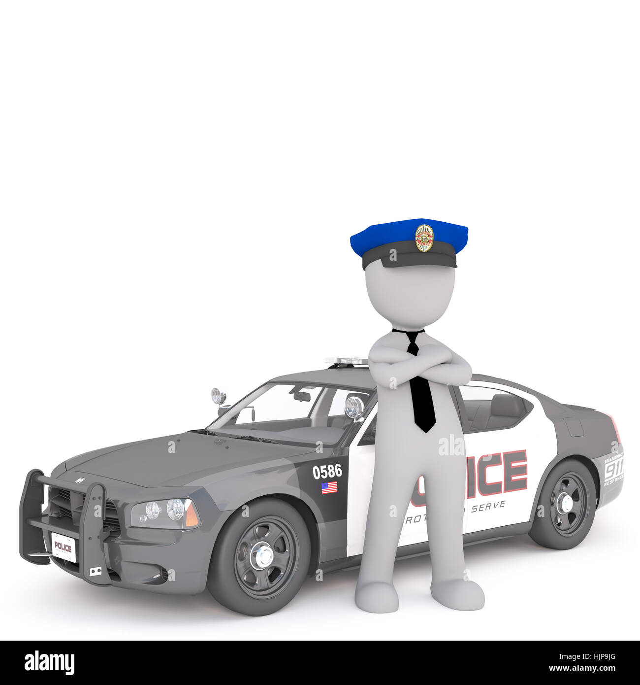 3d il poliziotto in piedi accanto alla sua auto di pattuglia con bracci ripiegati nel suo cappuccio, reso cartoon illustrazione su bianco Foto Stock