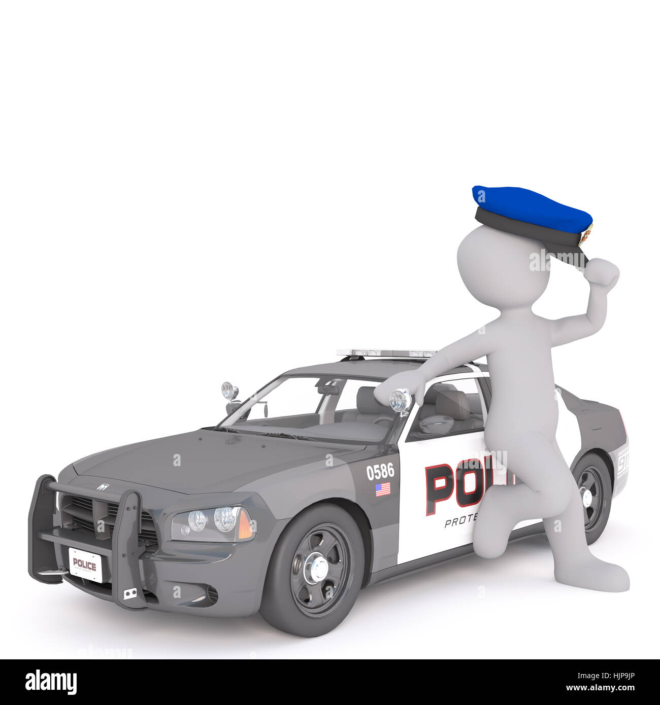 Grigio generico 3d figura del fumetto blu di ribaltamento Officer Hat e appoggiata contro la polizia Cruiser auto davanti a uno sfondo bianco Foto Stock