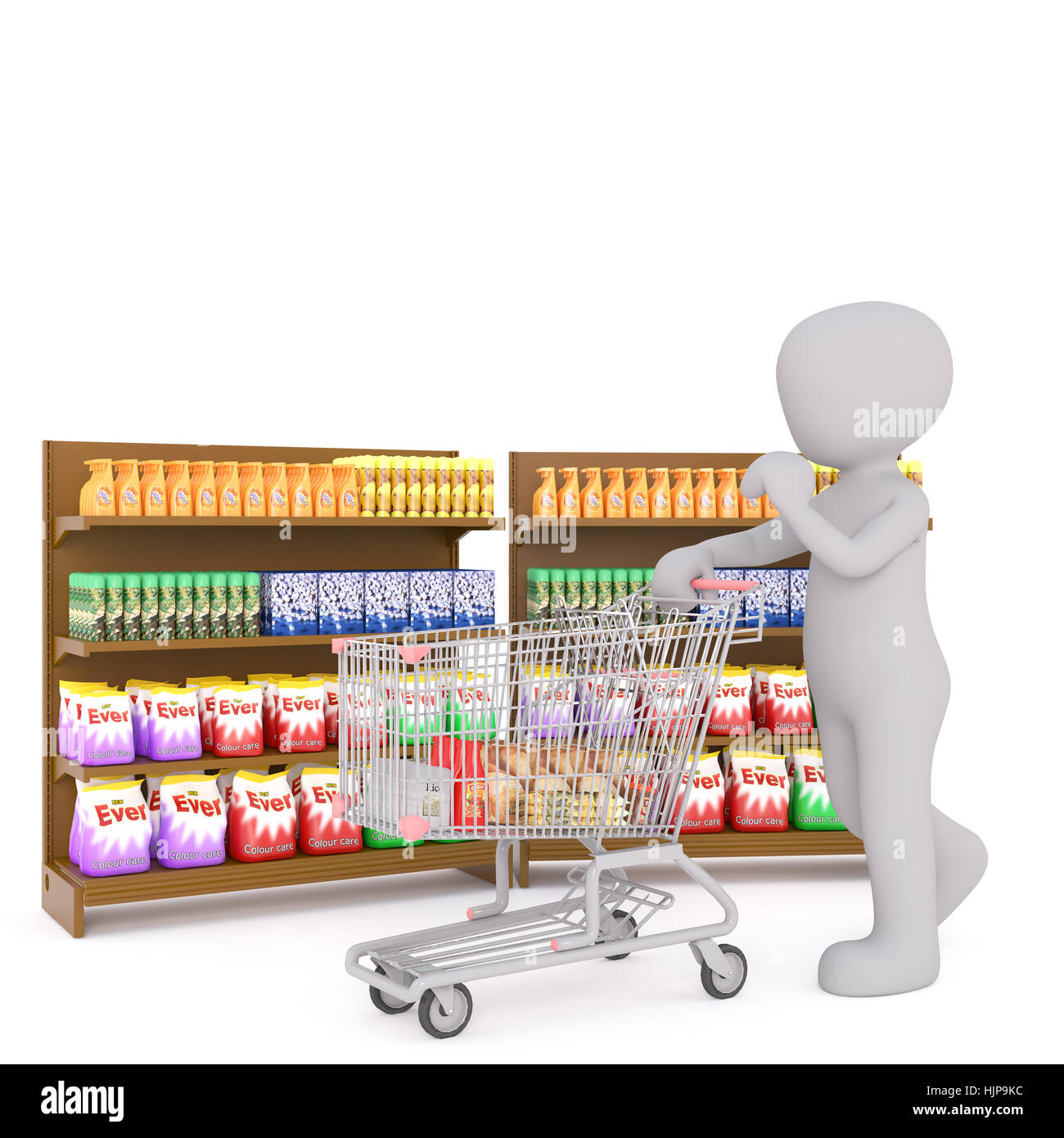 Carino piccolo 3d'uomo che fa la sua spesa a piedi lungo i ripiani di prodotti in un supermercato con un carrello, reso cartoon illustrazione su Foto Stock