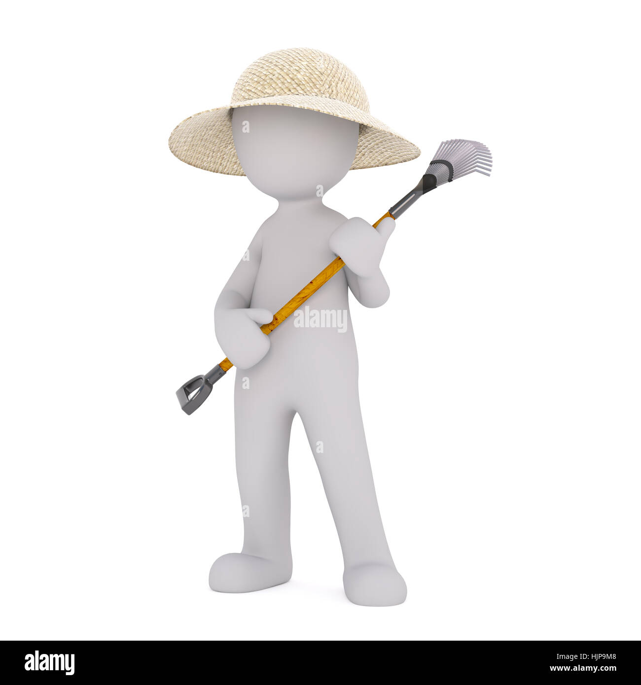 Grigio generico 3D fumetto figura indossa paglia cappello da giardinaggio e spoglia di contenimento nella parte anteriore del fondo bianco Foto Stock