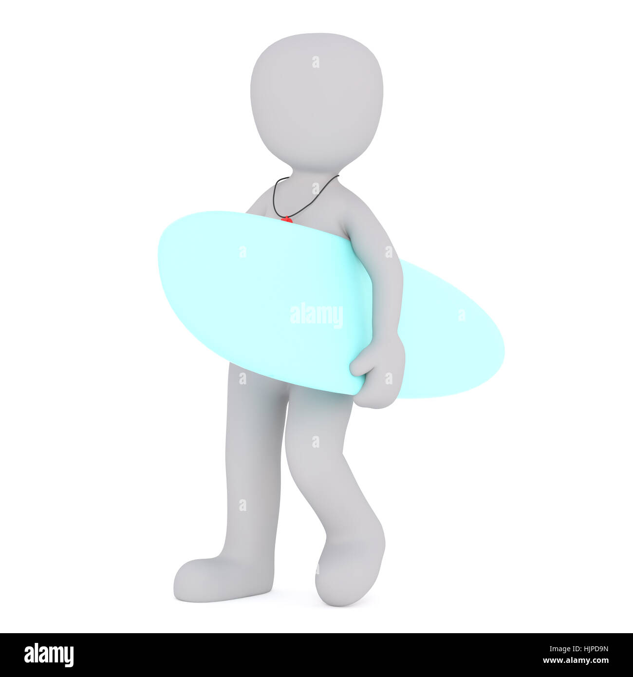 Grigio senza volto 3D uomo a camminare portando blue surf board in una mano, isolato su sfondo bianco Foto Stock