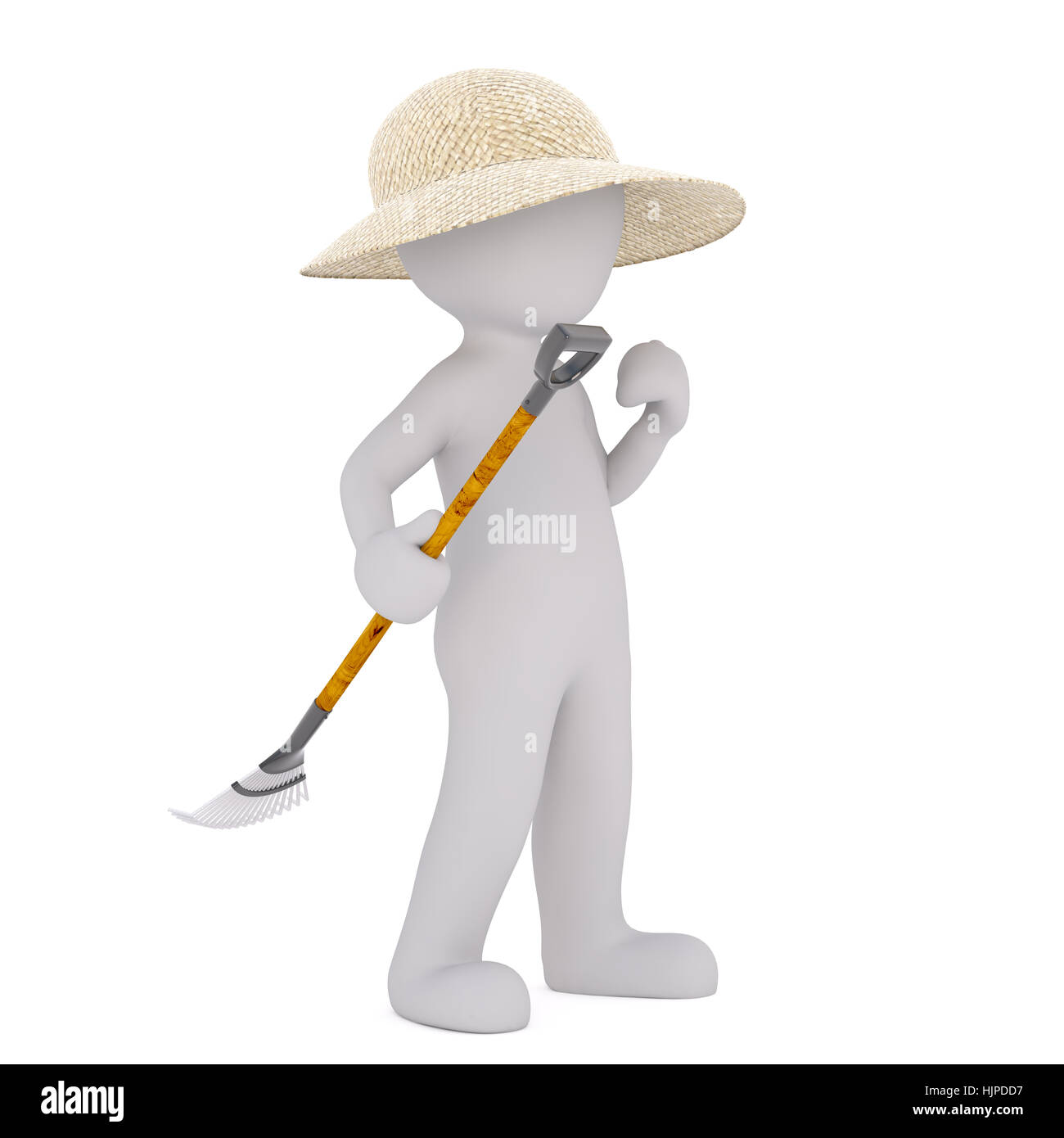Volto 3D uomo carattere di giardiniere nel cappello di paglia azienda rastrello in foglia, in piedi isolato su sfondo bianco Foto Stock