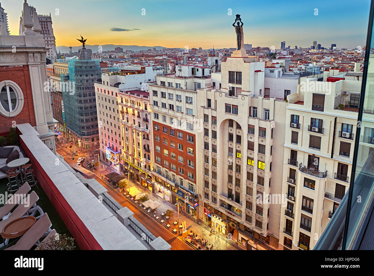 Emperador Hotel tetto, situato a Lope de Vega edificio in Gran Via. Madrid. Spagna Foto Stock