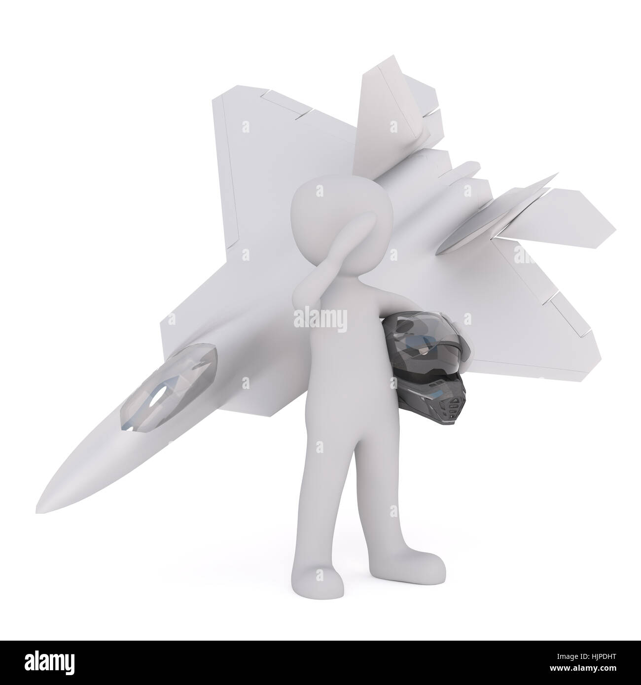 Modello 3D senza volto di personaggio dei cartoni animati permanente pilota con il suo casco off e salutando con aerei da combattimento dietro di lui, isolato su bianco Foto Stock