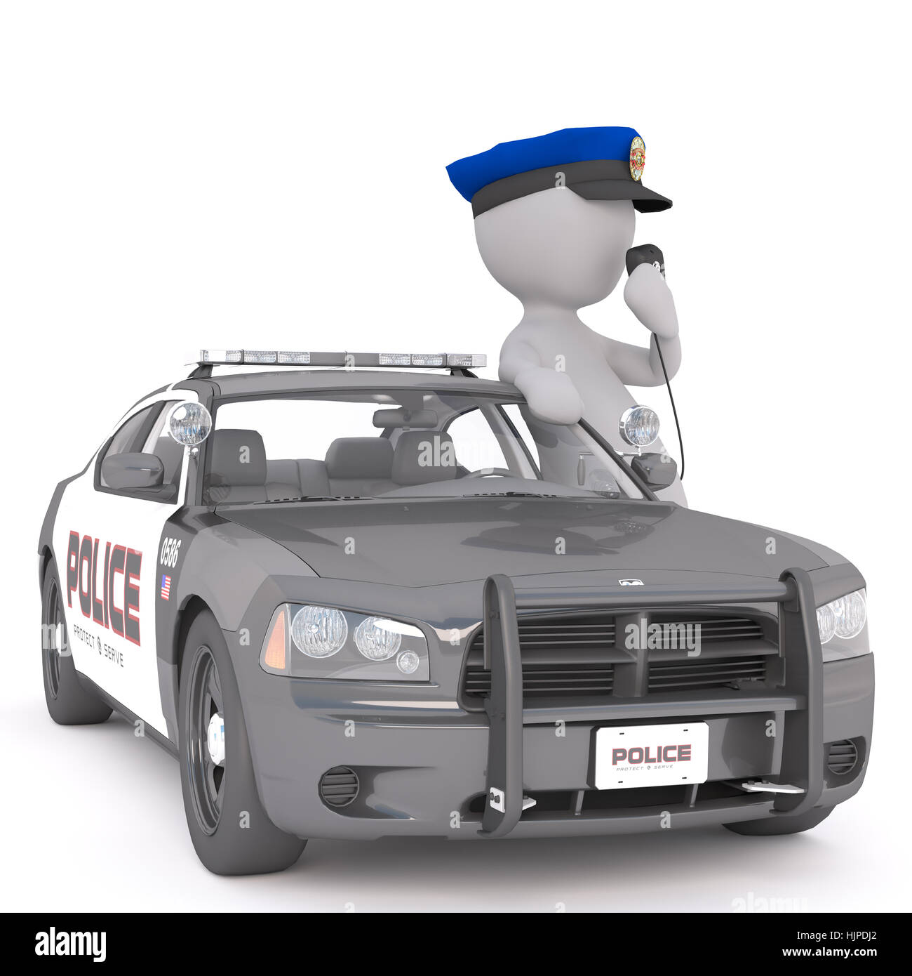 3d il poliziotto in piedi a parlare alla radio della sua auto di pattuglia nel suo colore blu ufficiali hat, reso cartoon illustrazione su bianco Foto Stock