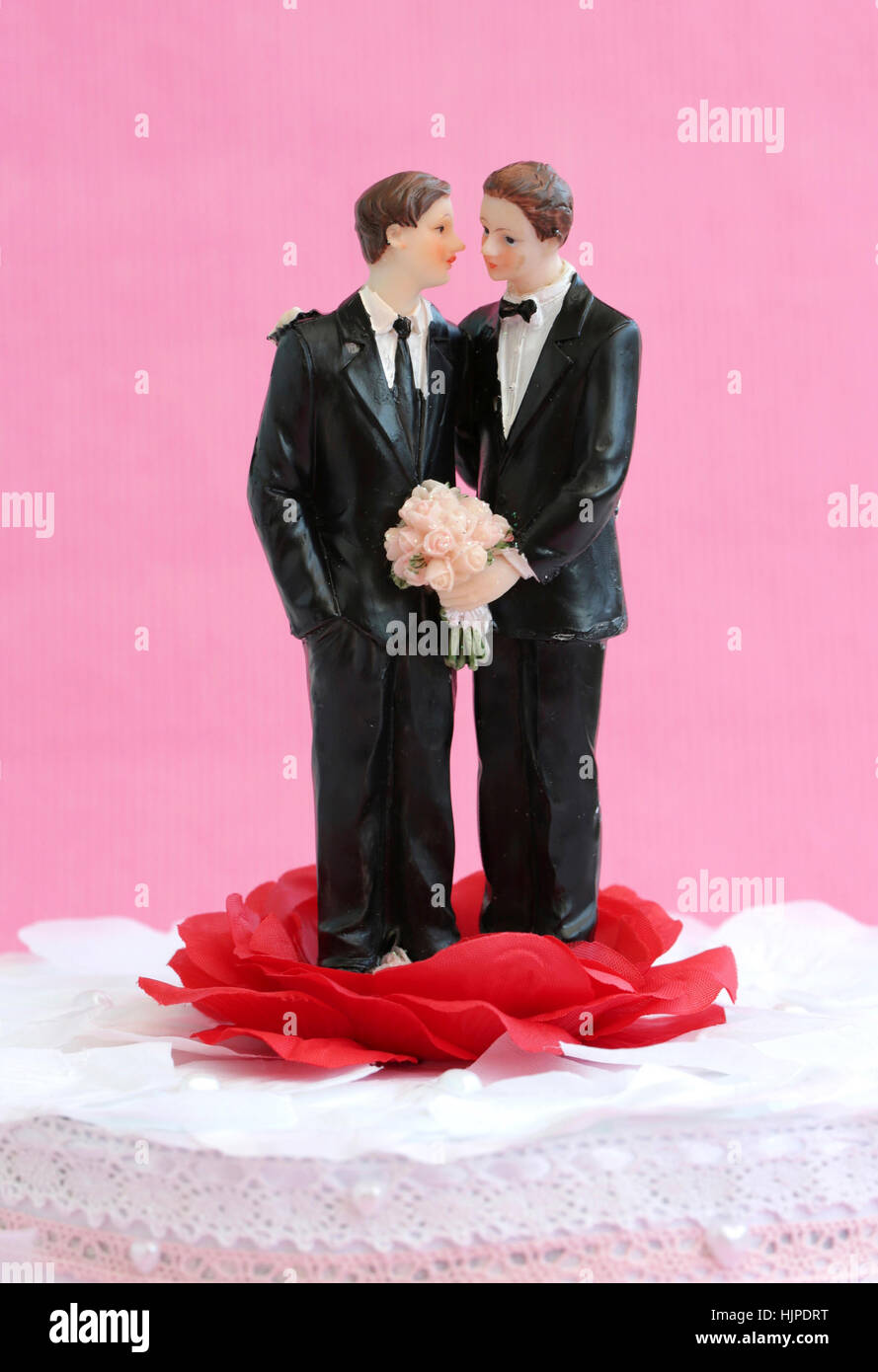 Una coppia omosessuale contro un sfondo rosa Foto Stock