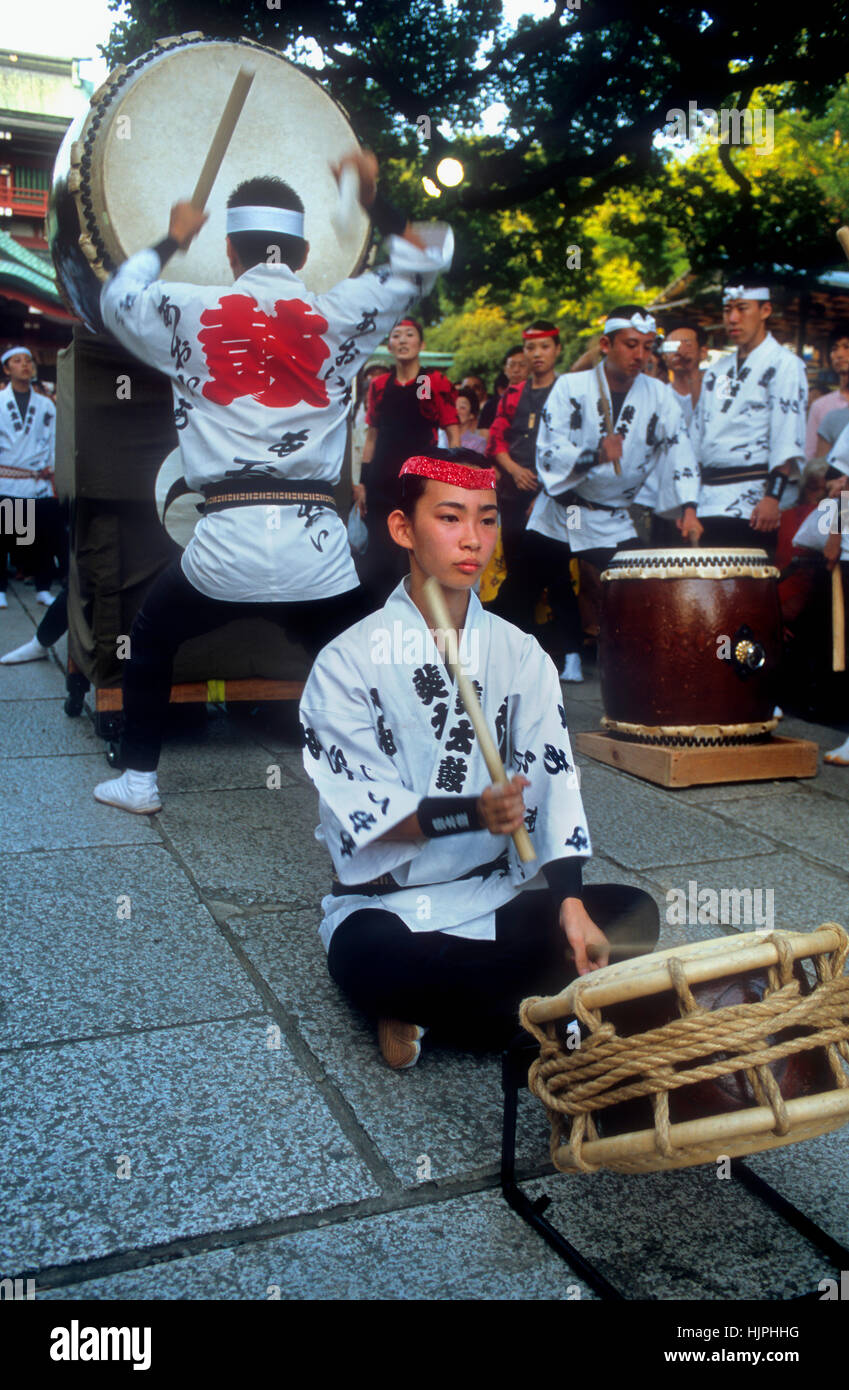 Fukagawa Hachiman Matsuri (festival di agosto).batteristi tradizionale . In Tomioka-santuario hachimangu .Tokyo city, Giappone, Asia Foto Stock