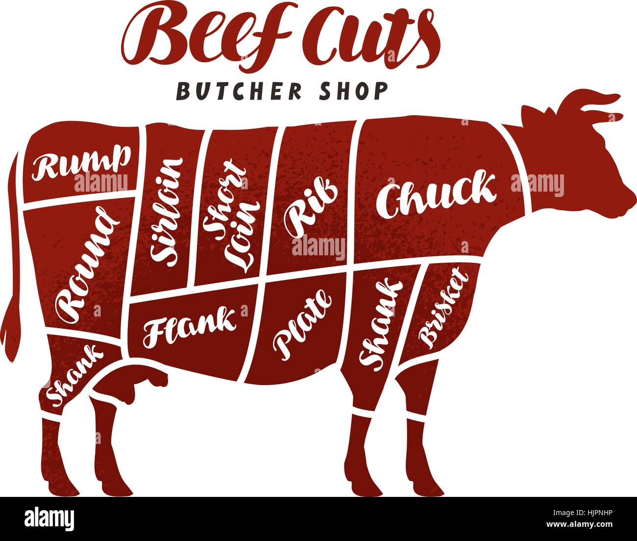 Tagli di carni bovine. Silhouette di animali mucca, bull. Diagramma vettoriale per macelleria Illustrazione Vettoriale