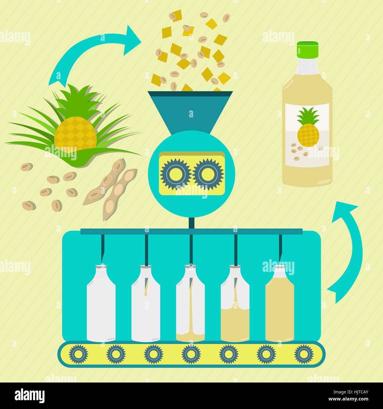 Ananas frutta e succo di soia la produzione in serie. Ananassi freschi frutti e semi di soia con pod essendo di soia trasformati. Ananas in bottiglia e il succo di soia. Illustrazione Vettoriale