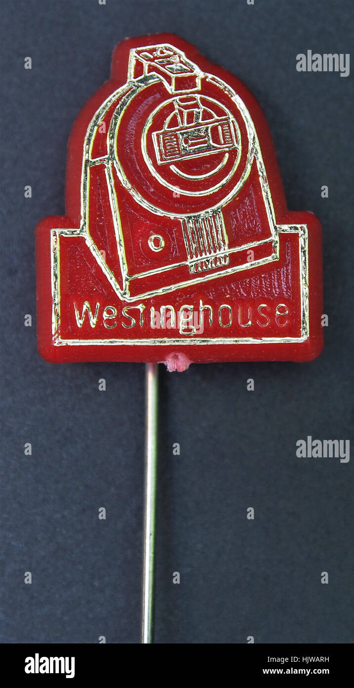 Il pin pubblicitario Westinghouse era un articolo promozionale per Westinghouse Electric, un produttore americano di prodotti elettrici e sistemi industriali. Foto Stock