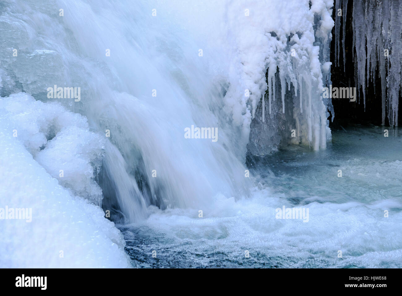 Cascata di ghiaccio, Superiore Argen, riserva naturale Eistobel a Grünenbach, Algovia, Svevia, Baviera, Germania Foto Stock