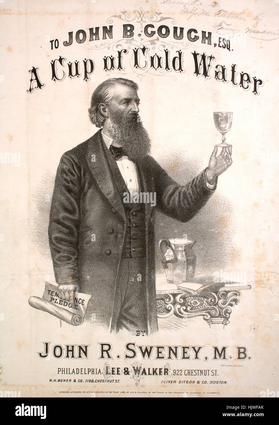 Foglio di musica immagine copertina della canzone "una tazza di acqua fredda', con paternitã originale lettura delle note "da John R Sweney, MB', Stati Uniti, 1873. L'editore è elencato come 'Lee e Walker, 922 Chestnut Sant', la forma della composizione è 'strofico con chorus', la strumentazione è 'pianoforte e voce", la prima linea recita "Lasciate che siano gli altri a lodare il rubino brillante, nel vino rosso frizzante dell' incandescenza, e l'illustrazione artista è elencato come 'Thos. Sinclair e figlio, Phila.; J. Armstrong, musica Typogrpher, 136 So. Ottavo San, Philadelphia'. Foto Stock