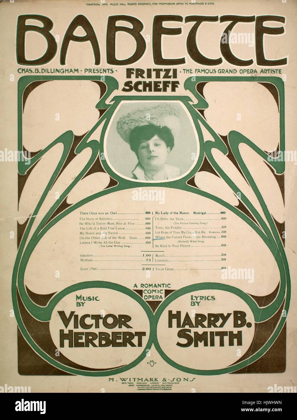 Foglio di musica immagine copertina della canzone 'Babette dove il più bello i fiori sono Blooming Butterfly Waltz Song', con paternitã originale lettura delle note di 'Musica di Victor Herbert', Stati Uniti, 1903. L'editore è elencato come 'M. Witmark e figli', la forma della composizione è 'sectional', la strumentazione è 'pianoforte e voce", la prima linea recita "dove il flusso del bell'rs sono che fiorisce in estate air", e l'illustrazione artista è elencato come 'Nessuno'. Foto Stock