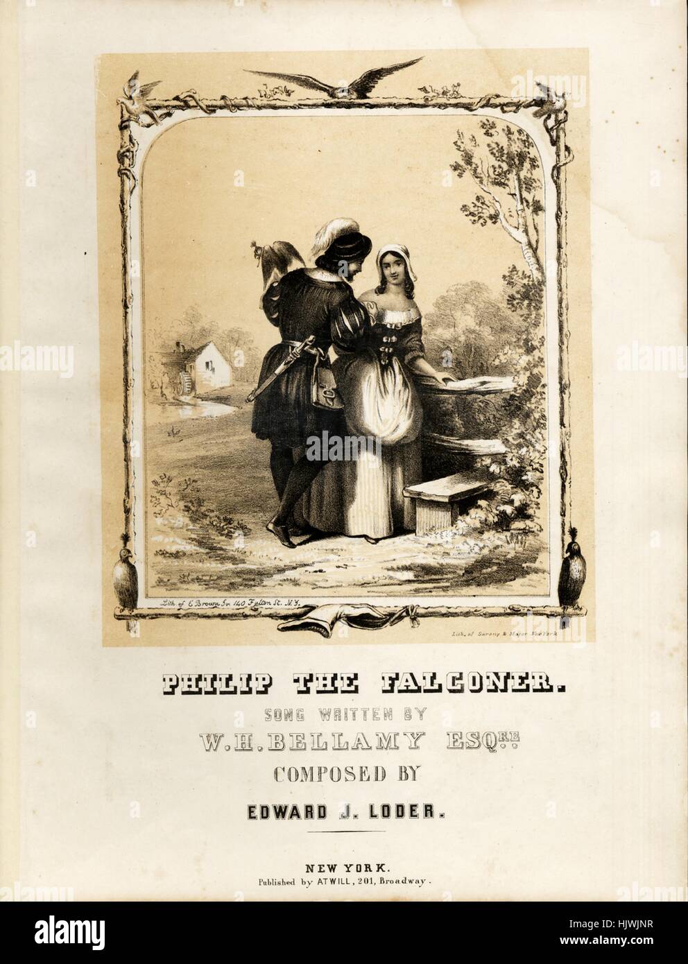 Foglio di musica immagine copertina della canzone "Filippo il falconiere Song', con paternitã originale lettura delle note " scritto da WH Bellamy, Esqre composto da Edward J Loder', Stati Uniti, 1900. L'editore è elencato come 'Atwill, 201 Broadway', la forma della composizione è 'strofico', la strumentazione è 'pianoforte e voce", la prima linea recita "giovane Filippo il falconiere con il giorno e con la sua merlin sul suo braccio', e l'illustrazione artista è elencato come "lith. di E. Brown Jr., 140 Fulton San N.Y.; Lith. Di Sarony e grandi, New York; Betulla Eng.'. Foto Stock