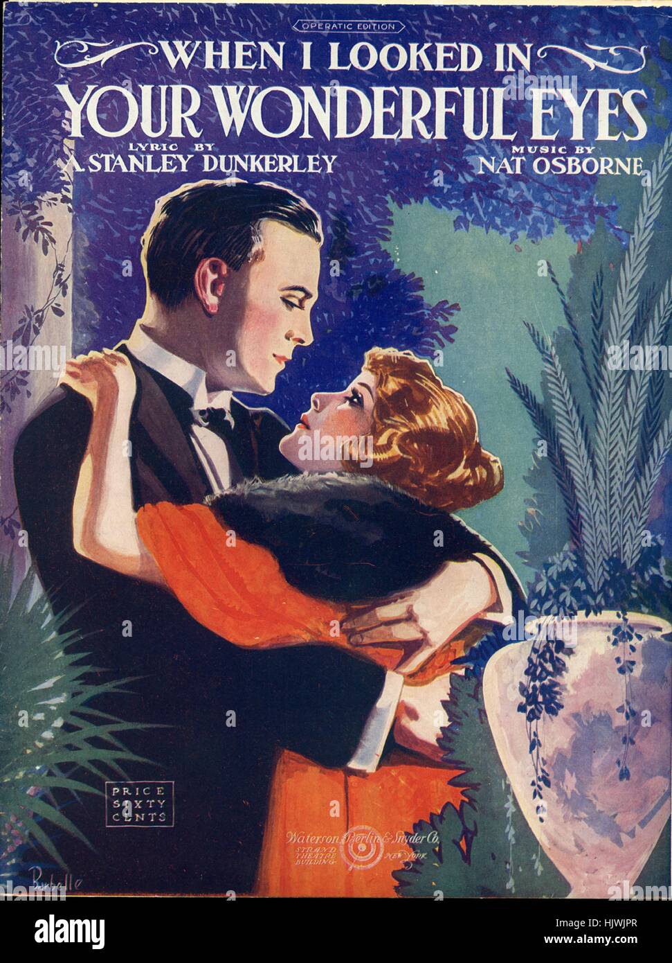 Foglio di musica immagine copertina della canzone '(quando ho guardato in) il vostro meraviglioso occhi', con paternitã originale lettura delle note "lirica di Stanley Dunkerley musiche di Nat Osborne', Stati Uniti, 1920. L'editore è elencato come 'Waterson, Berlino e Snyder Co., gli editori di musica, Strand Theatre Bldg., Broadway at 47th St.', la forma della composizione è 'strofico con chorus', la strumentazione è 'pianoforte e voce", la prima linea recita "Il mondo non è mai sembrato metà in modo equo per me", e l'illustrazione artista è elencato come 'Barbelle'. Foto Stock