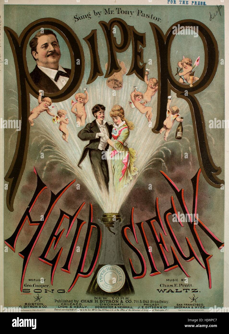Foglio di musica immagine copertina della canzone "Piper Heidsieck', con paternitã originale lettura delle note "Parole da Geo Cooper brano di musica di Chas e Pratt', Stati Uniti, 1878. L'editore è elencato come 'Chas. H. Ditson e Co., 711 e 843 Broadway', la forma della composizione è 'strofico con chorus', la strumentazione è 'pianoforte e voce", la prima linea recita "Oh, alcuni possono cantare dolci di Moselle, di topazio, Sherry, rubino porta', e l'illustrazione artista è elencato come "Ayer, Merkel e Ottman Lith. 22-24 Chiesa San N.Y.". Foto Stock