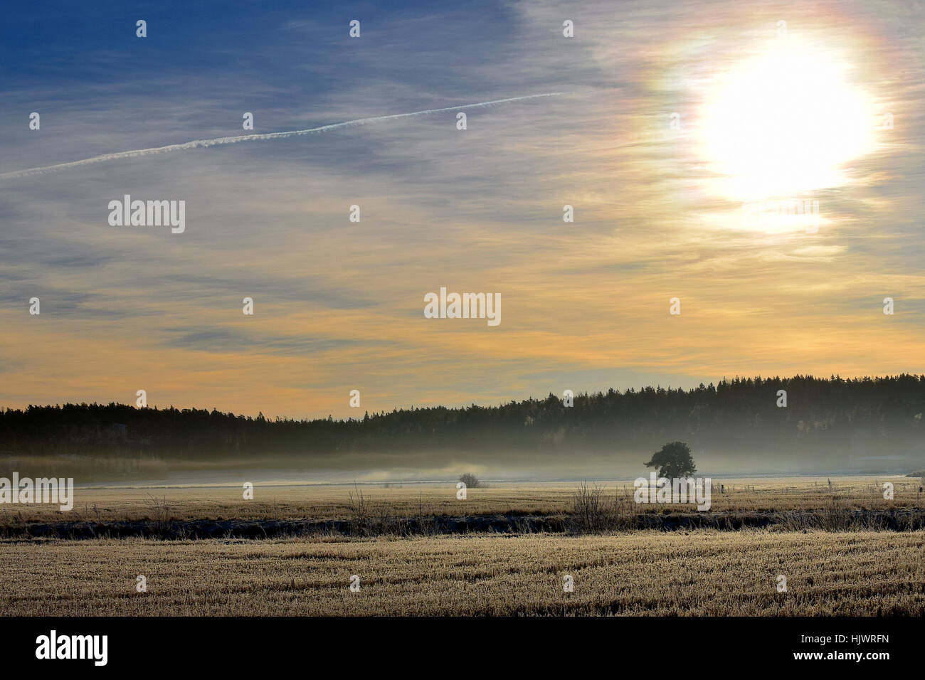 Paesaggio invernale senza neve e con bellissimo cielo. Foto Stock