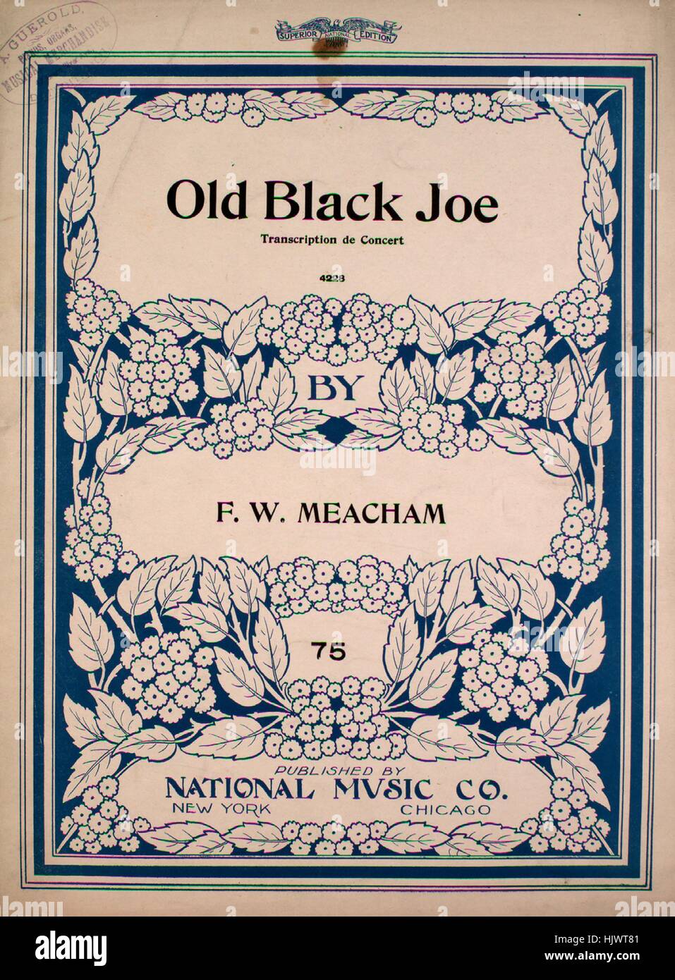 Foglio di musica immagine copertina della canzone 'Old Black Joe trascrizione de Concert [Stephen] promuovere il tema originale con variazioni', con paternitã originale lettura delle note "da FW Meacham', Stati Uniti, 1903. L'editore è elencato come "musica nazionale Co.', la forma della composizione è "Tema e Variazioni", la strumentazione è 'piano', la prima riga indica 'Nessuno', e l'illustrazione artista è elencato come 'Nessuno'. Foto Stock