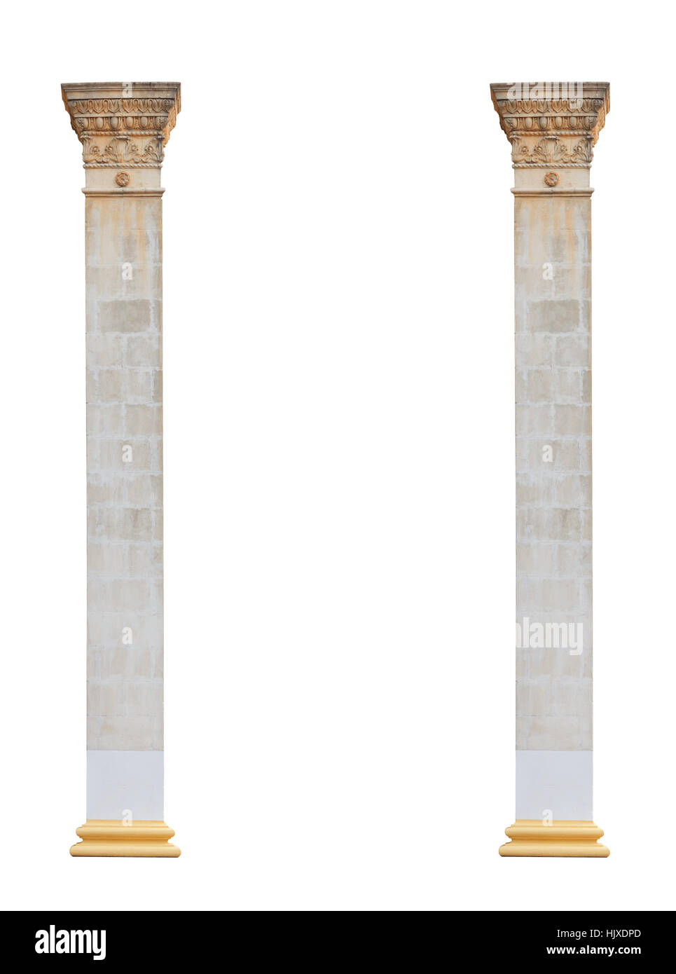Due colonne in classico stile architettonico isolato su sfondo bianco Foto Stock