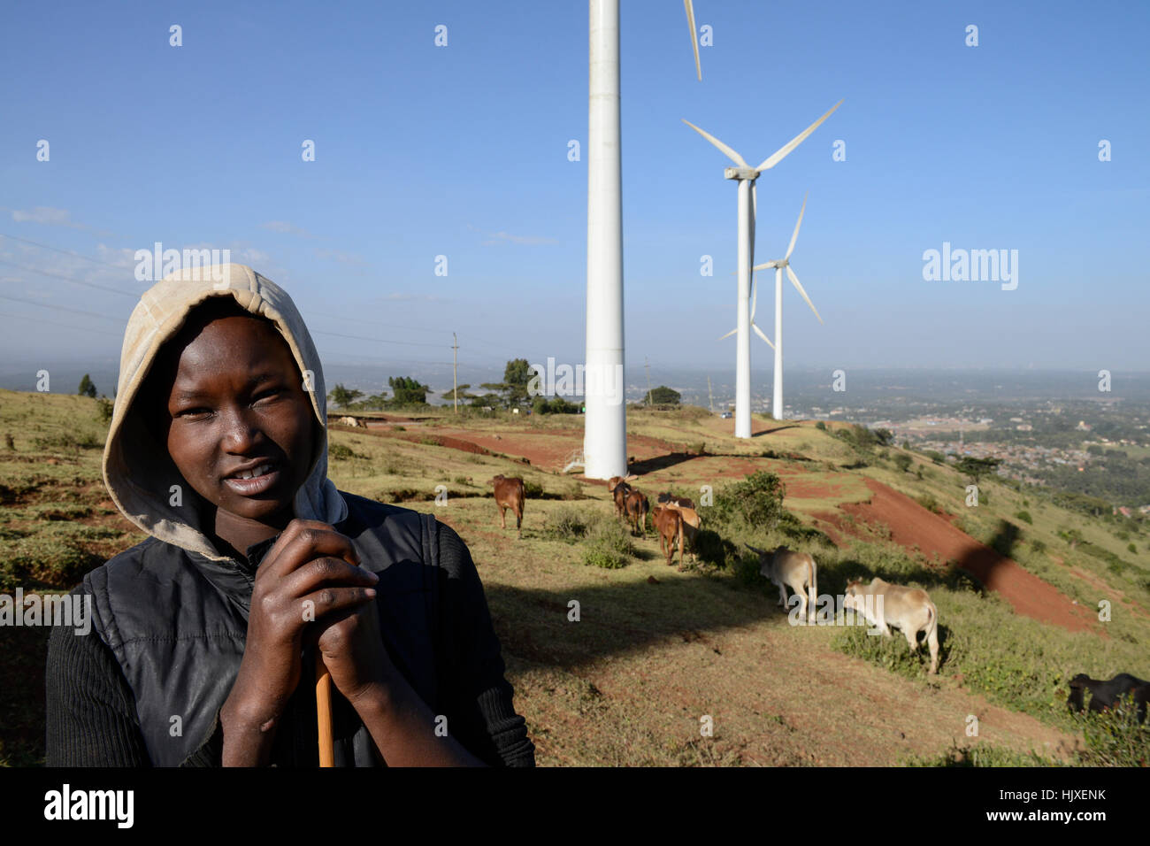 KENYA, Nairobi, Ngong Hills, 25,5 MW Wind Power Station con Vestas e Gamesa turbine a vento, di proprietà e gestito da KENGEN Kenya di generazione di elettricità in azienda, pastore con mucche / KENIA, Ngong Hills Windpark, Betreiber KenGen Kenya di generazione di elettricità in azienda Vestas mit und Windkraftanlagen Gamesa, junge Hirtin mit Kuehen Foto Stock