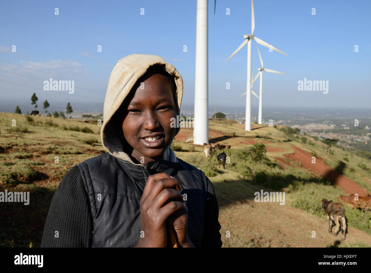 KENYA, Nairobi, Ngong Hills, 25,5 MW Wind Power Station con Vestas e Gamesa turbine a vento, di proprietà e gestito da KENGEN Kenya di generazione di elettricità in azienda, pastore con mucche / KENIA, Ngong Hills Windpark, Betreiber KenGen Kenya di generazione di elettricità in azienda Vestas mit und Windkraftanlagen Gamesa, junge Hirtin mit Kuehen Foto Stock