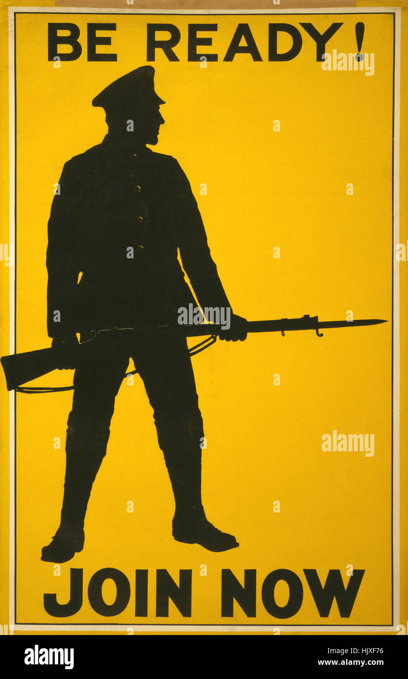 Silhouette di un soldato con fucile e baionetta, 'pronto! Iscriviti ora ", la guerra mondiale I poster di reclutamento, parlamentare COMITATO D' ASSUNZIONE, Regno Unito, 1915 Foto Stock
