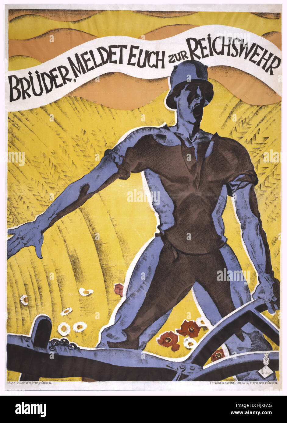 Soldier Holding aratro, guerra mondiale I poster di reclutamento, Germania, 1918 Foto Stock