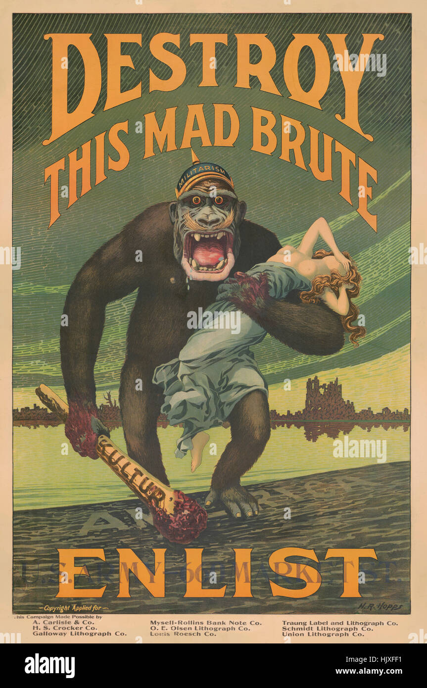 Gorilla terrificante con casco etichettata "ilitarism' holding club sanguinosa etichettato 'Kultur' e la donna come egli Stomps su American Shore, 'demolire questo Mad Brute, arruolare', la guerra mondiale I poster di reclutamento, da Harry R. Hopps, USA, 1918 Foto Stock
