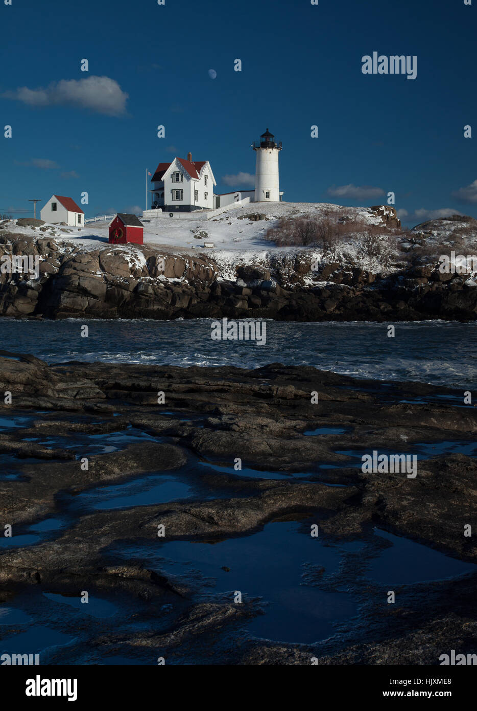 Cape Neddick faro, Nubble Rock in inverno Foto Stock
