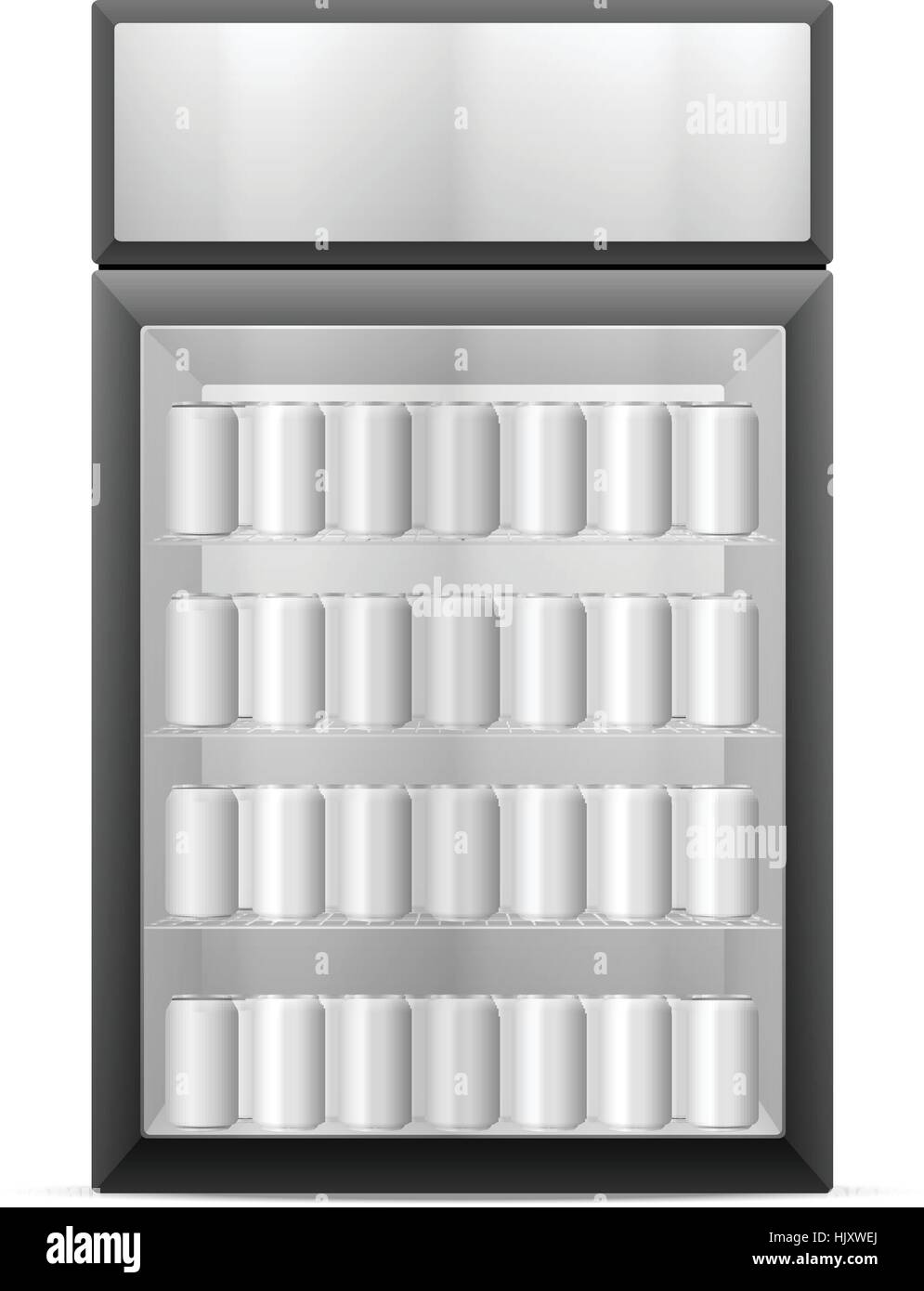 Visualizzare frigo con bevande lattine su uno sfondo bianco. Illustrazione Vettoriale