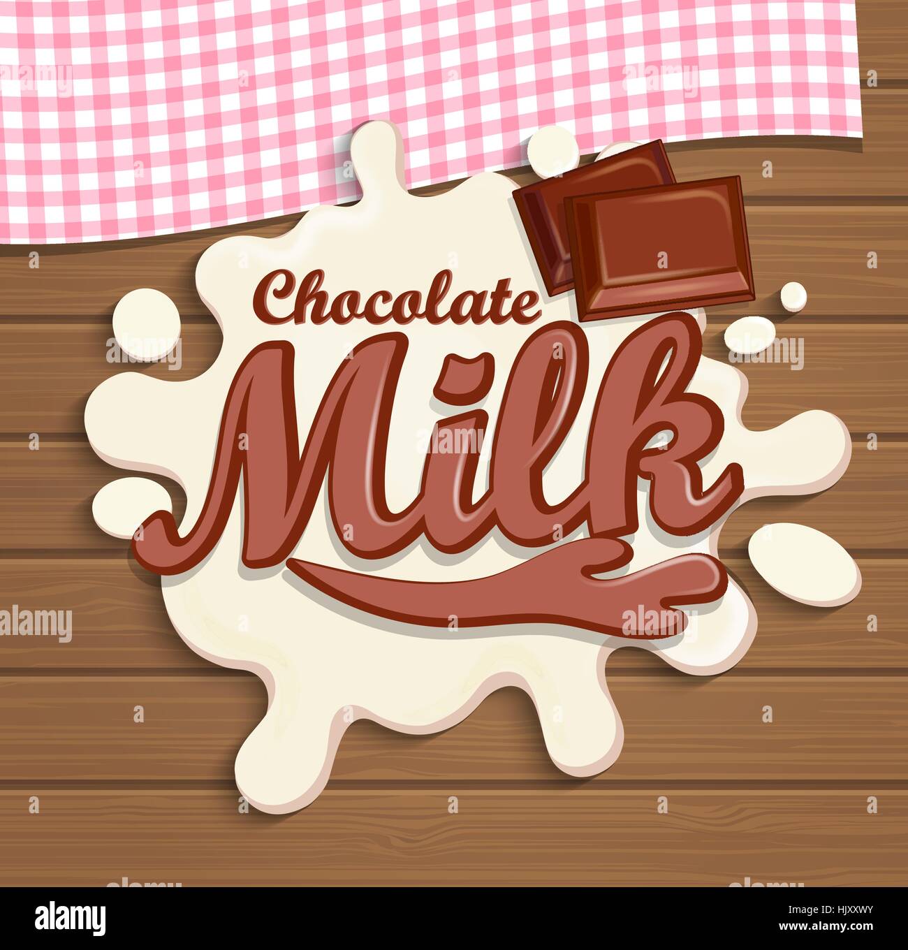 Il cioccolato al latte splash con caratteri sullo sfondo di legno, illustrazione vettoriale. Illustrazione Vettoriale