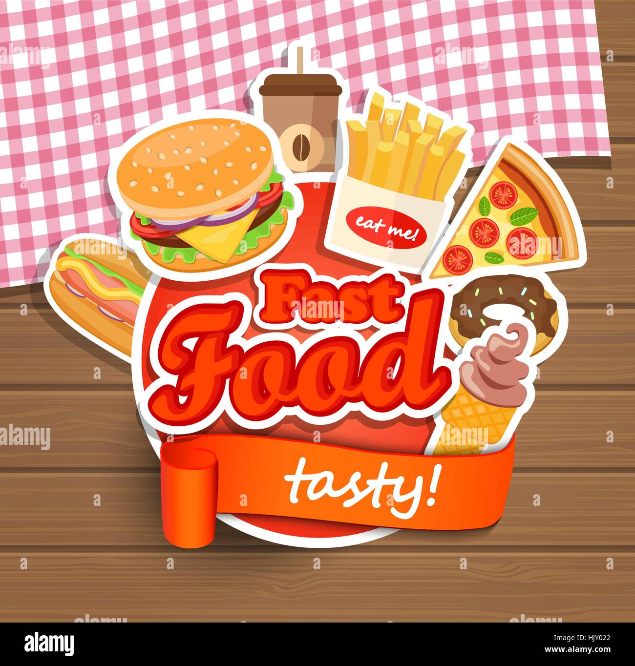 Fast food, elementi tipografici etichetta di design o Sticer - hamburger, pizza, caffè, hot dog, gelati, ciambella, patatine fritte - Design modello. Vector illus Illustrazione Vettoriale