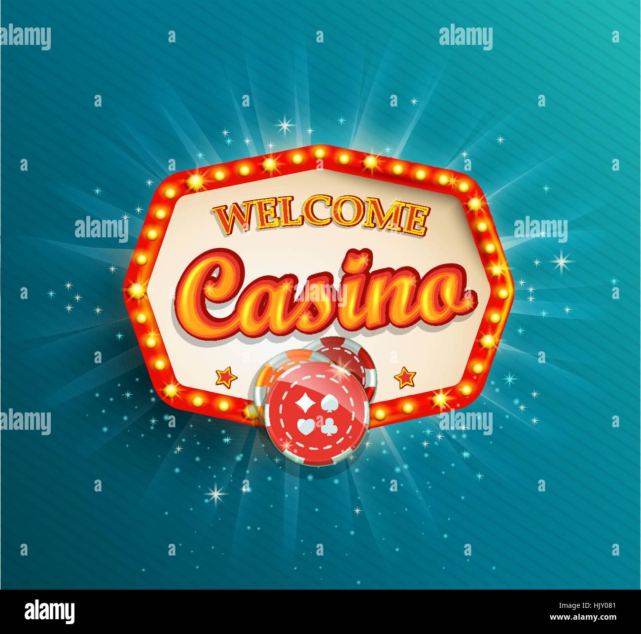 Shining retrò telaio leggero , illustrazione vettoriale su un tema di casino con illuminazione display e testo di benvenuto su sfondo blu. Illustrazione Vettoriale