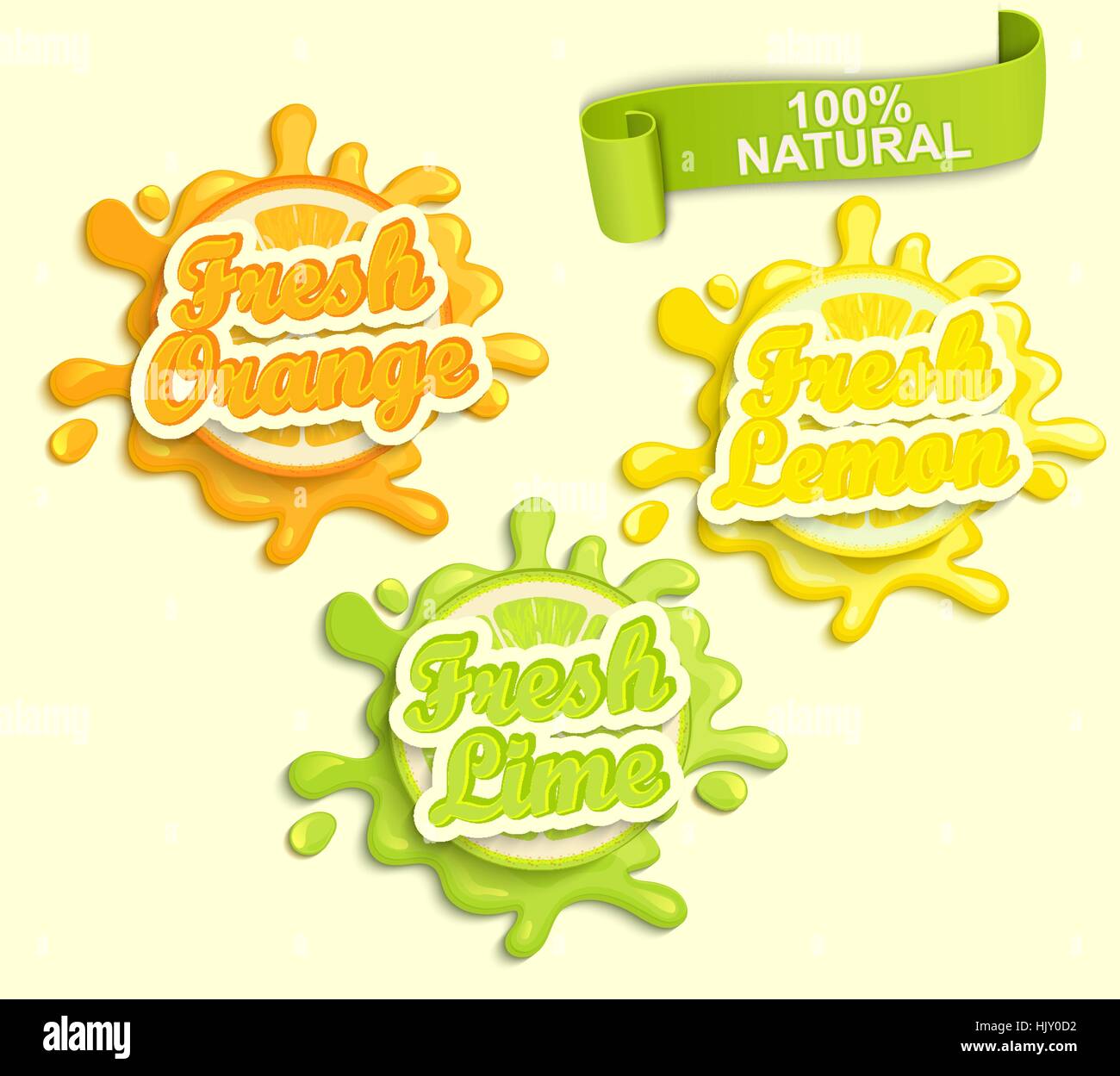 Set di limone, arancio, cedro juece etichette splash. Lettering, splash e blot design, forma creativa illustrazione vettoriale. Illustrazione Vettoriale