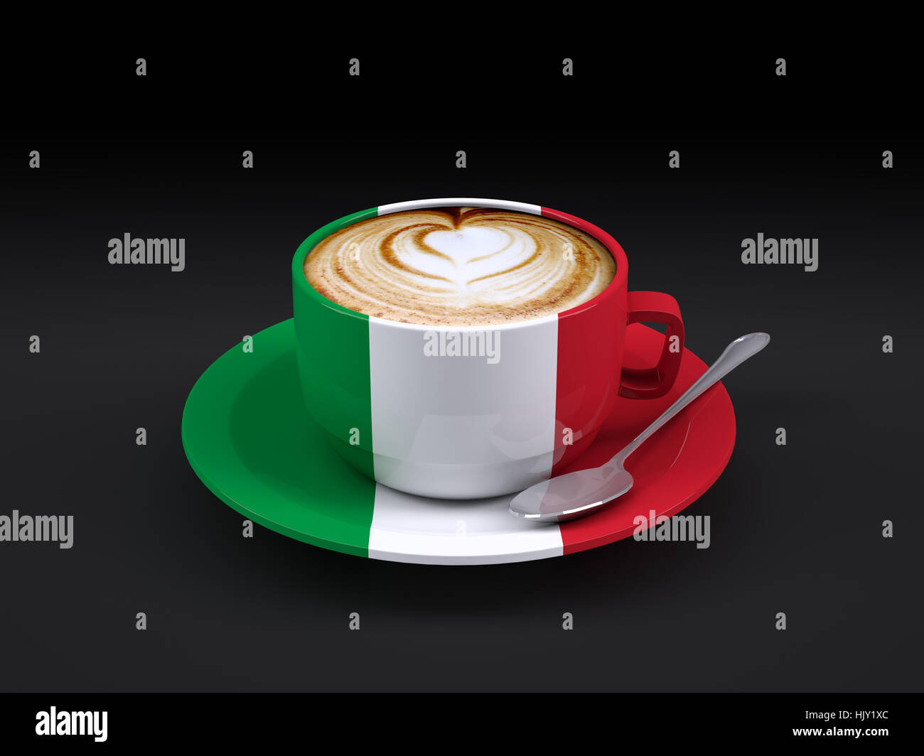 Tazza cappuccino con la bandiera dell'Italia su sfondo scuro, 3d illustrazione Foto Stock