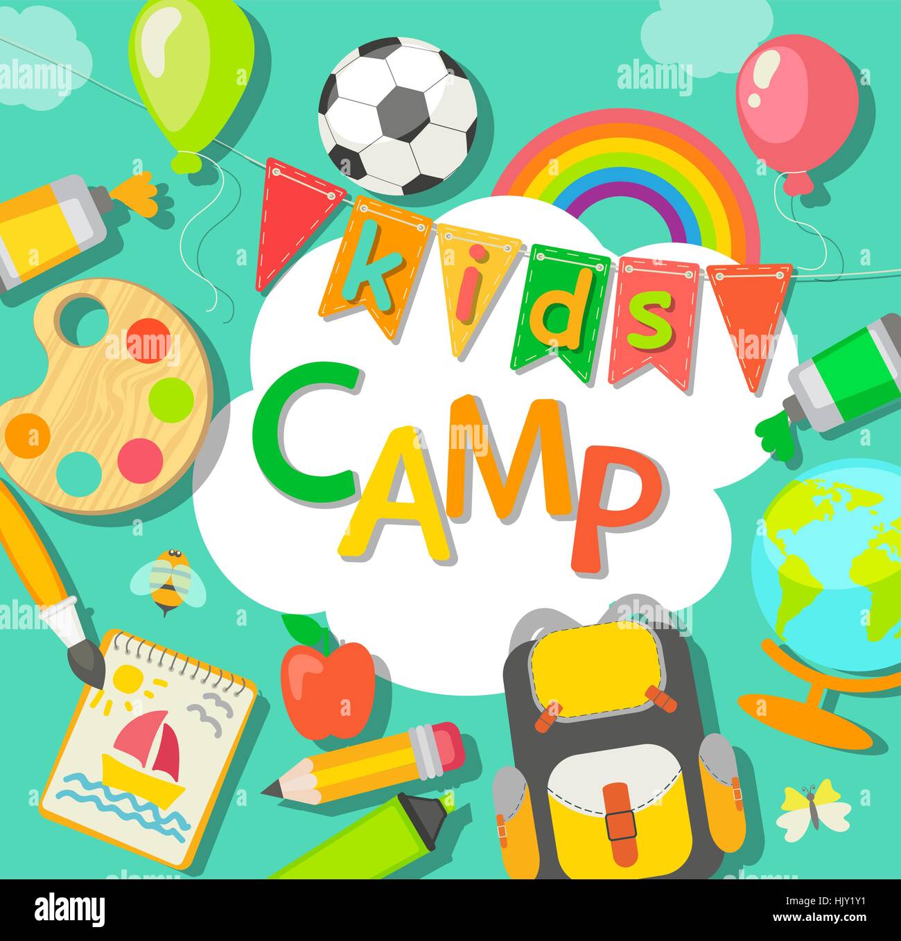Themed Summer Camp poster in stile appartamento, illustrazione vettoriale. Illustrazione Vettoriale