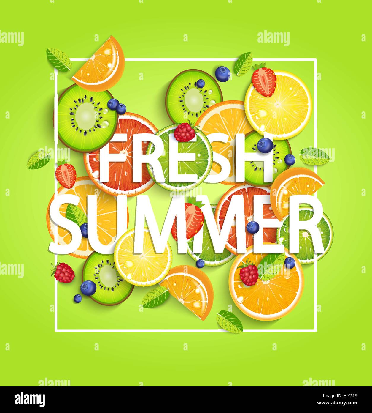 Estate sfondo con frutti tropicali e bacche, cornice quadrata e il lettering estate fresca. Illustrazione Vettoriale. Illustrazione Vettoriale