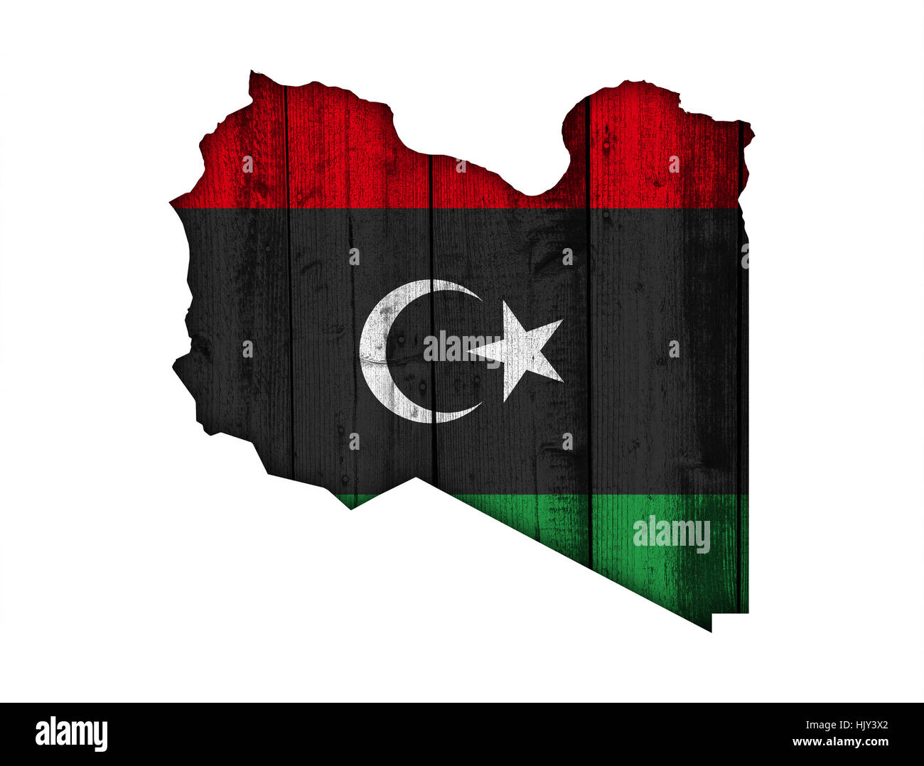 Mappa e bandiera della Libia sul legno stagionato Foto Stock