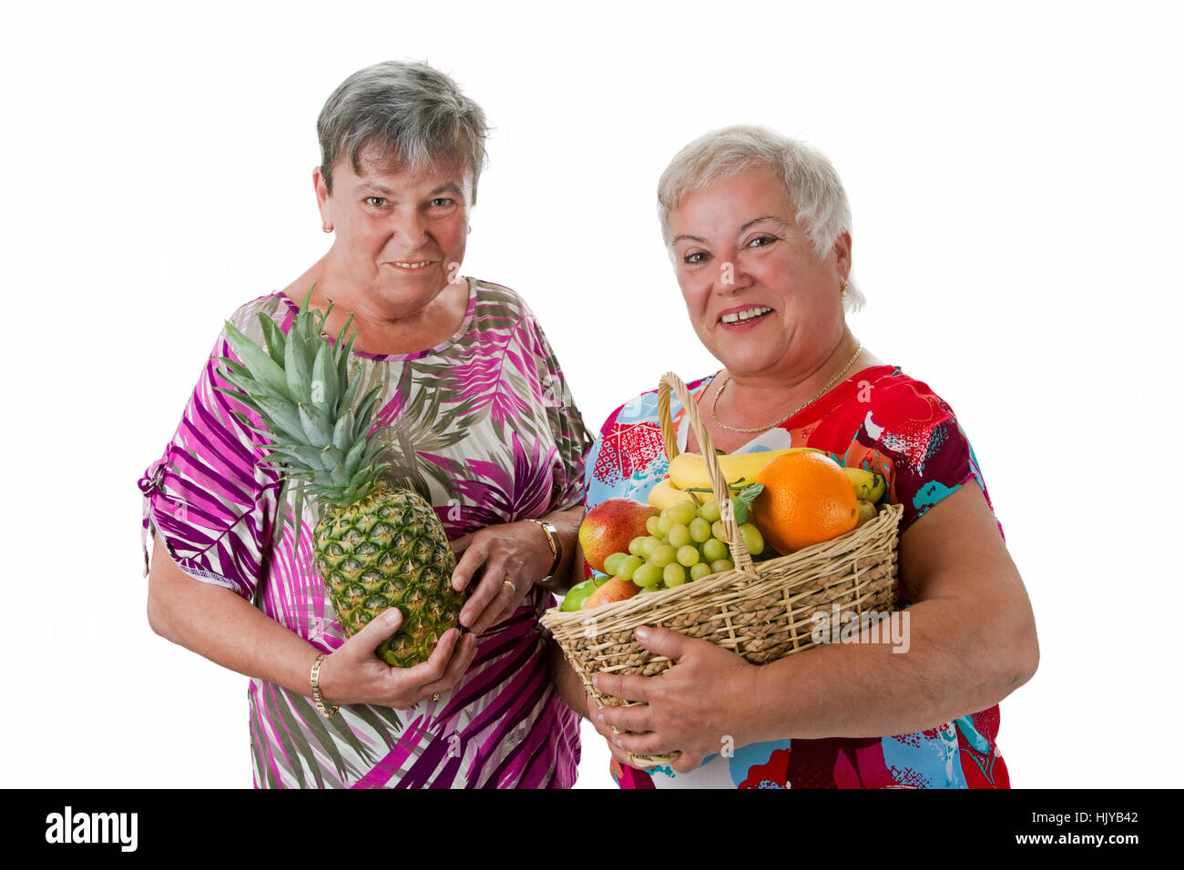 Donna Donne, salute, progenie, frutti, cesto di frutta, nutrizione, due, ridere, Foto Stock