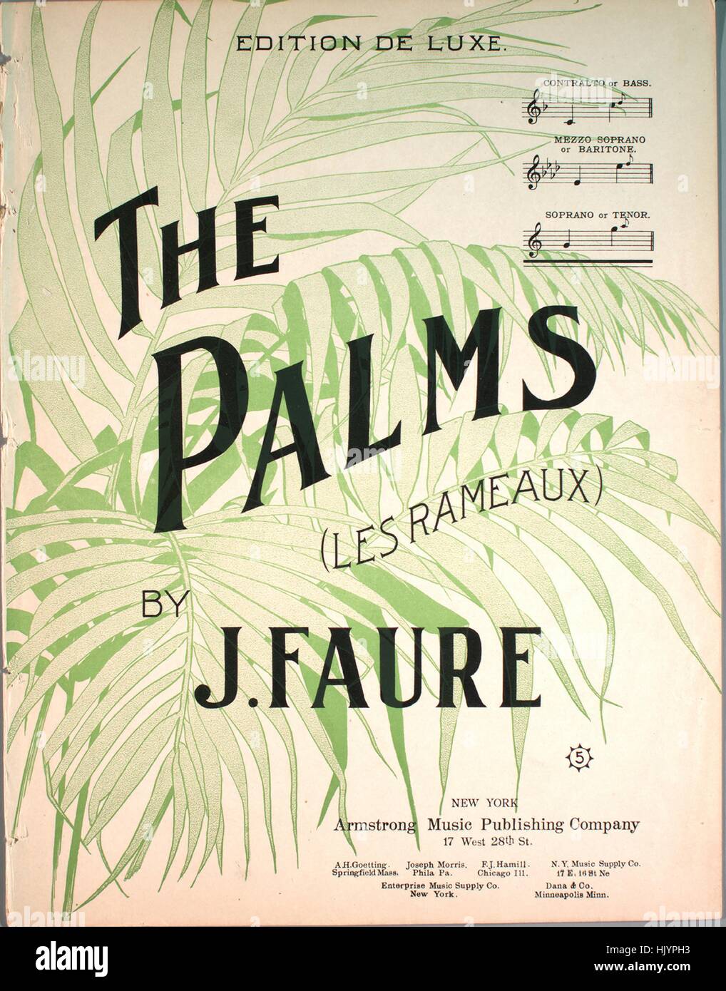 Foglio di musica immagine di copertina del brano "The Palms (Les Rameaux) Edition De Luxe', con paternitã originale lettura delle note "da J Faure [Francese e Inglese]', Stati Uniti, 1900. L'editore è elencato come 'Armstrong Music Publishing Company, 17 West 28th St.', la forma della composizione è 'strofico', la strumentazione è 'pianoforte e voce", la prima riga indica 'O'er tutto il modo, verdi palme e fiori gay", e l'illustrazione artista è elencato come 'Nessuno'. Foto Stock
