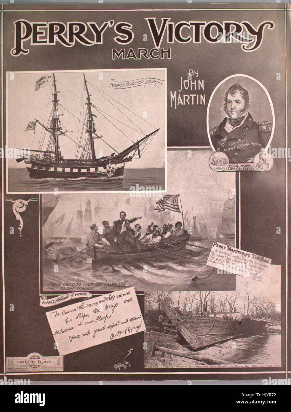 Foglio di musica immagine copertina della canzone "Perry la vittoria di marzo", con paternitã originale lettura delle note "da John Martin", 1913. L'editore è elencato come 'Brehm Bros.', la forma della composizione è 'da capo con il trio', la strumentazione è 'piano', la prima riga indica 'Nessuno', e l'illustrazione artista è elencato come "E. Pfeiffer N.Y.; unattrib. foto di Perry's Flagship 'Lawrence". Foto Stock