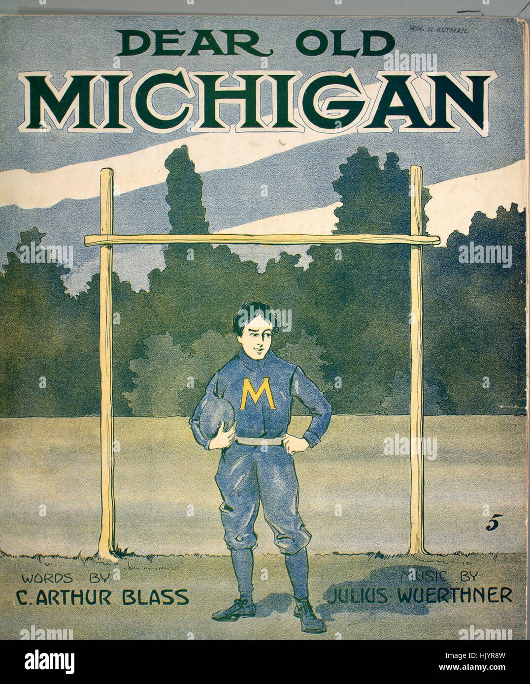 Foglio di musica immagine copertina della canzone "caro vecchio Michigan', con paternitã originale lettura delle note "Parole da C Arthur Blass musica da Julius Wuerthner', 1910. L'editore è elencato come 'Brehm Bros', la forma della composizione è 'strofico con chorus', la strumentazione è 'pianoforte e voce", la prima linea recita "Vecchio Yale può avere il suo blu, e Harvard crimson hue', e l'illustrazione artista è elencato come 'Nessuno'. Foto Stock
